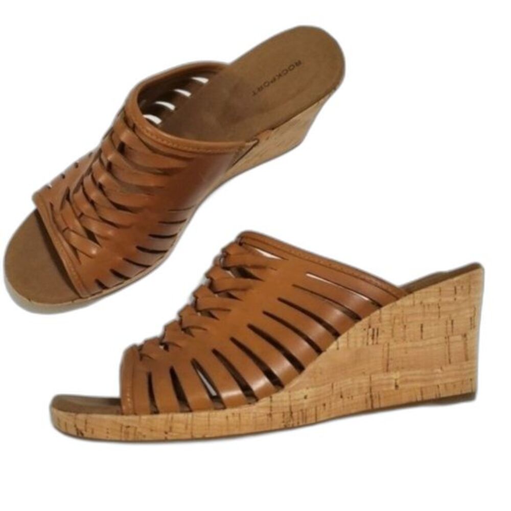 Rockport Tan Woven Leather Cork Wedge Sandals